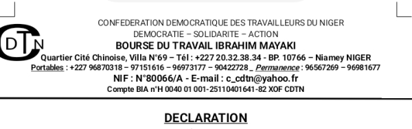 Déclaration du Bureau Exécutif National de la Confédération Démocratique des Travailleurs du Niger (BEN/CDTN)